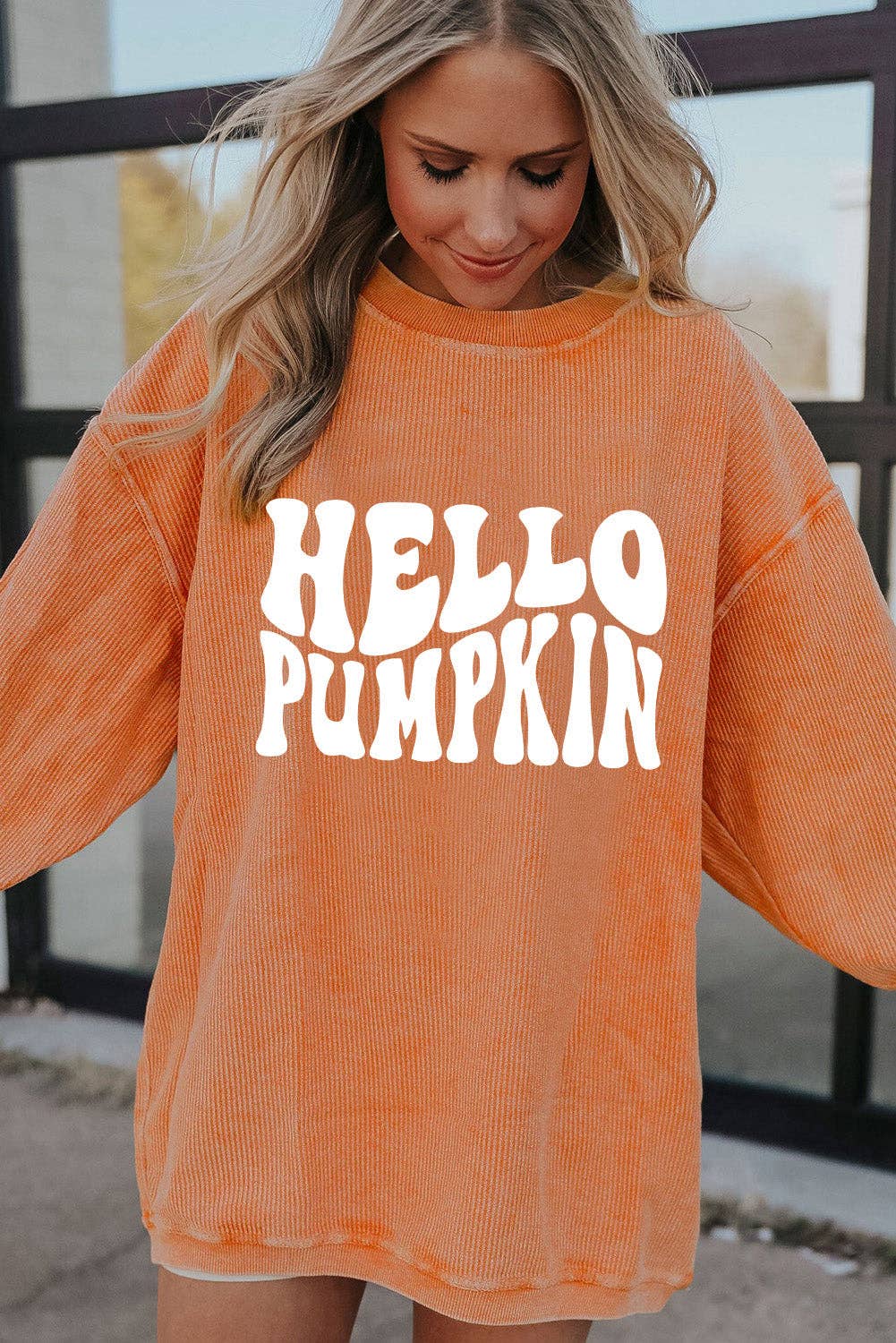 Orange HELLO PUMPKIN Letter Graphic Corded Sweatshirt: Orange-3 / 100%Polyester / S