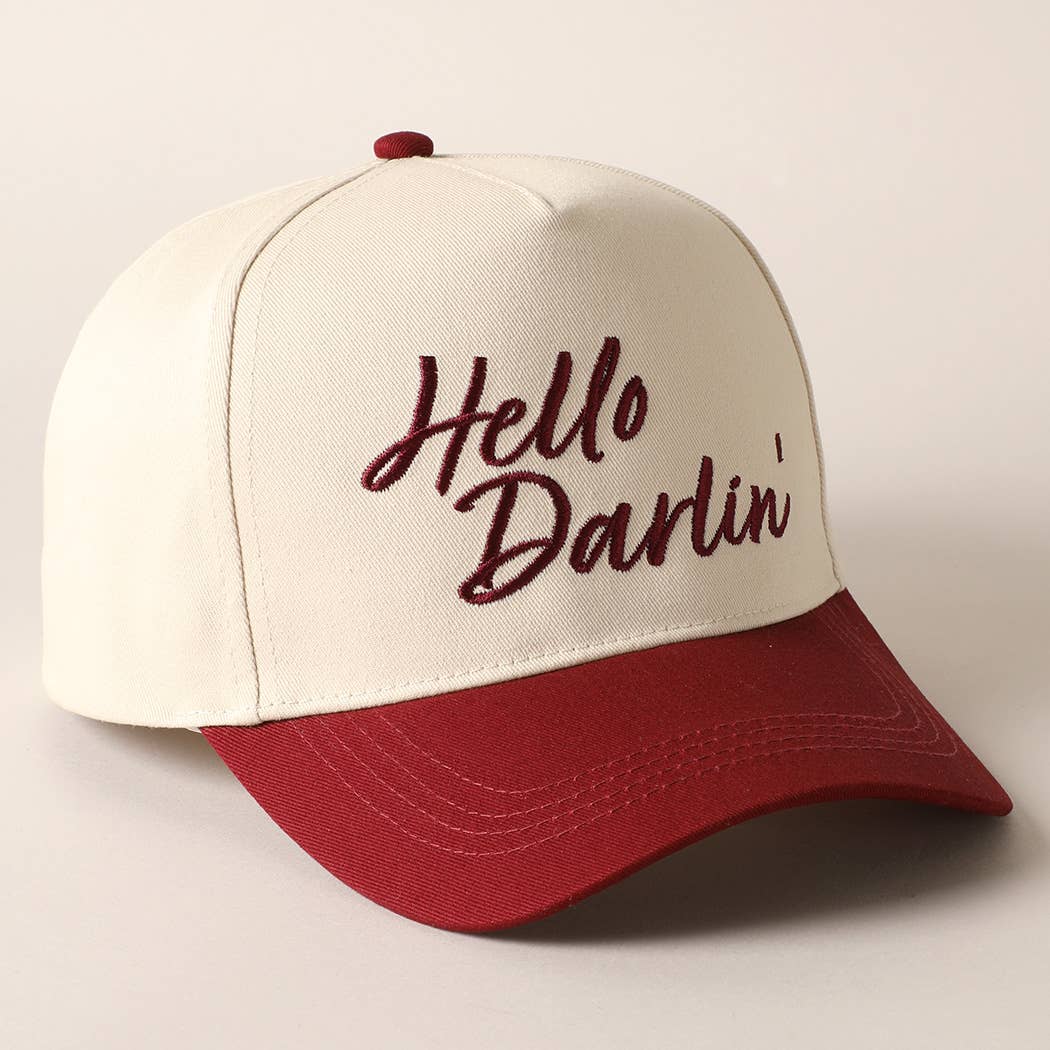 Hello Darlin' Text Embroidery Two-Tone Canvas Cap: Red / ONE SIZE