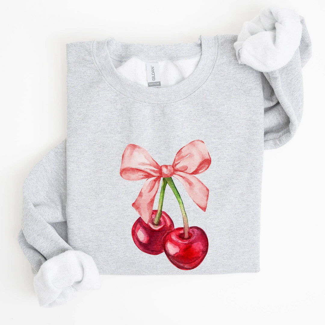 Cherries, Pink Bows, Coquette Girly Soft Girl Era Sweatshirt: Light Blue / Small