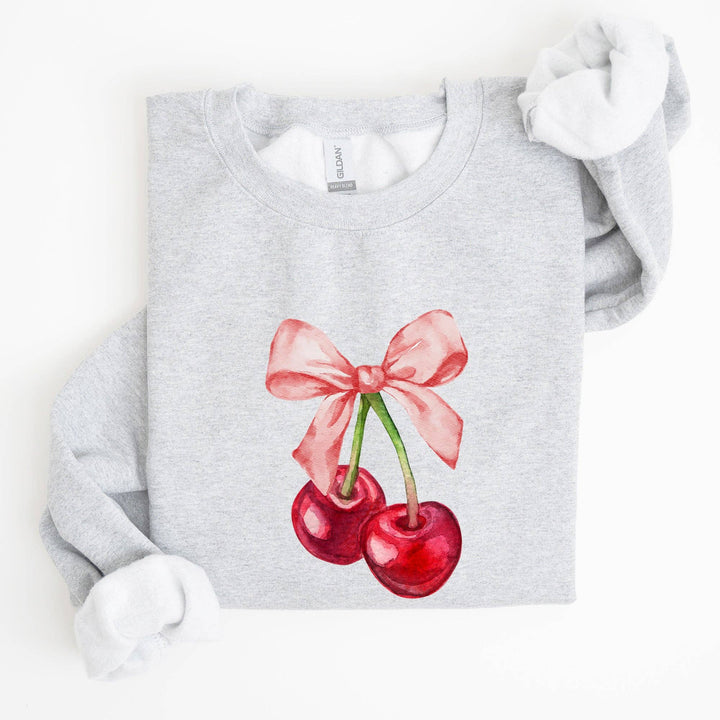 Cherries, Pink Bows, Coquette Girly Soft Girl Era Sweatshirt: Light Blue / Large