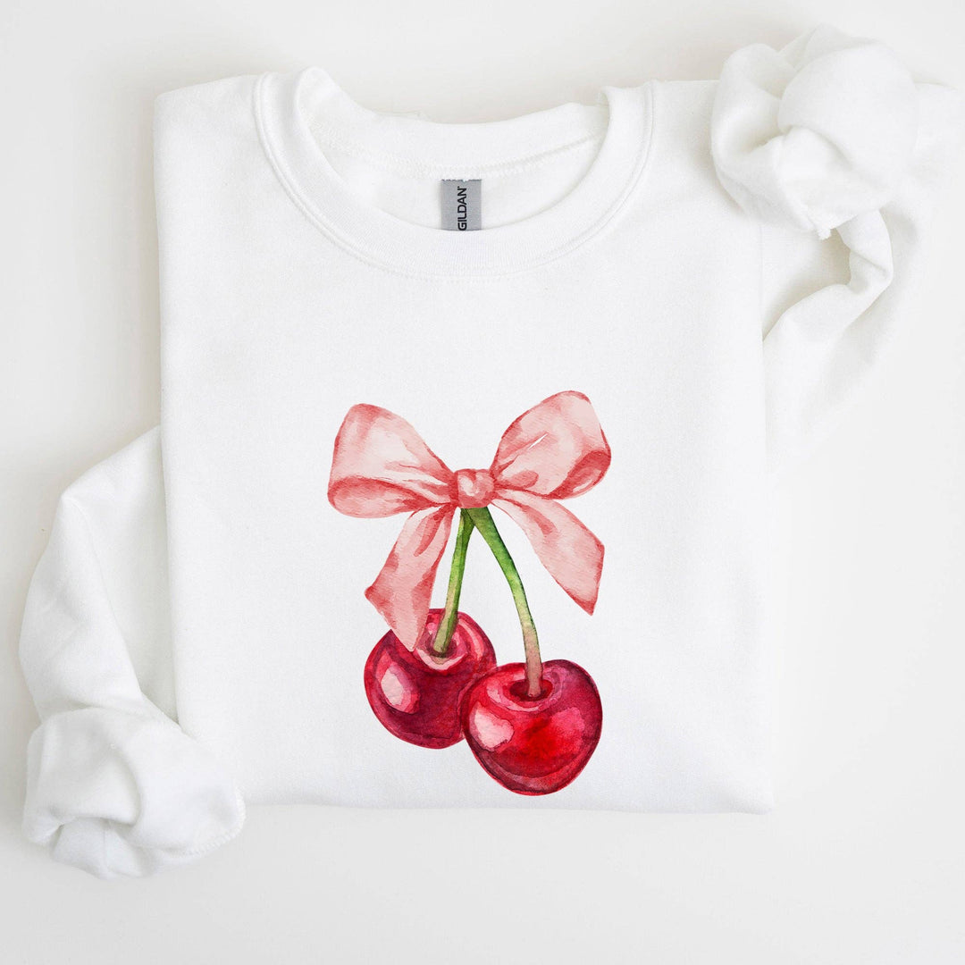 Cherries, Pink Bows, Coquette Girly Soft Girl Era Sweatshirt: Light Blue / Small