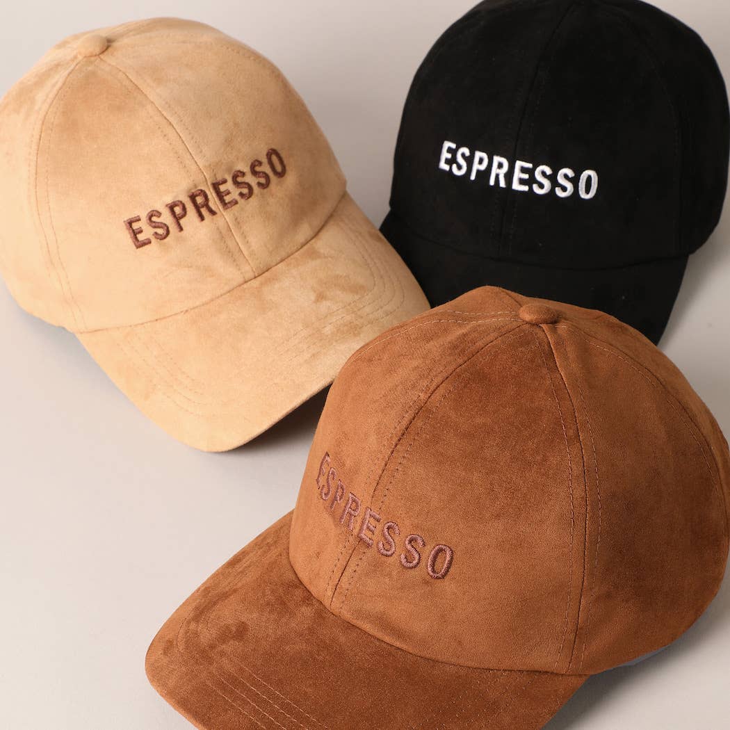 Espresso Text Embroidery Suede Baseball Cap: COGNAC / ONE SIZE