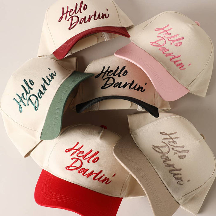 Hello Darlin' Text Embroidery Two-Tone Canvas Cap: Red / ONE SIZE