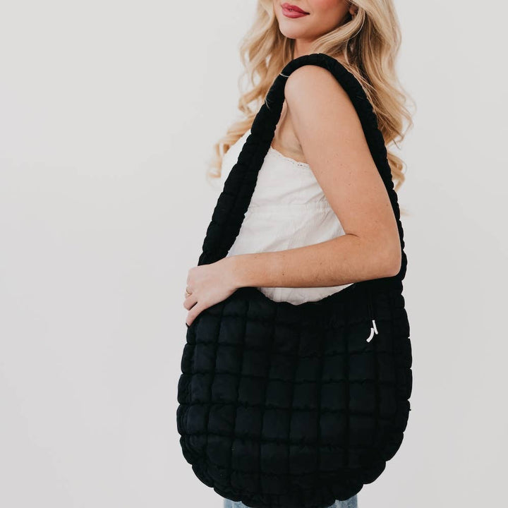 Carmen Quilted Hobo Tote Bag: Black