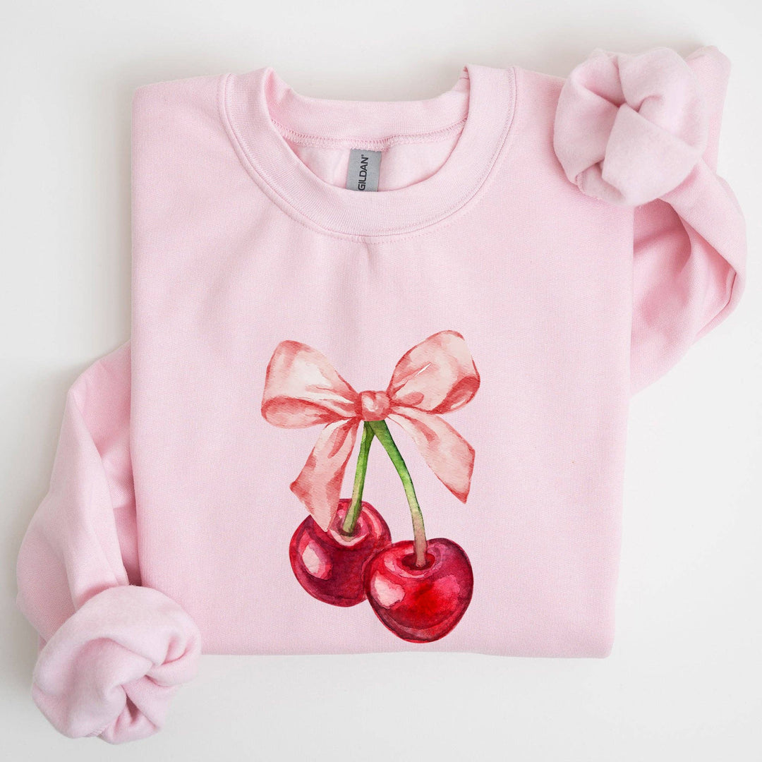 Cherries, Pink Bows, Coquette Girly Soft Girl Era Sweatshirt: Light Blue / Small