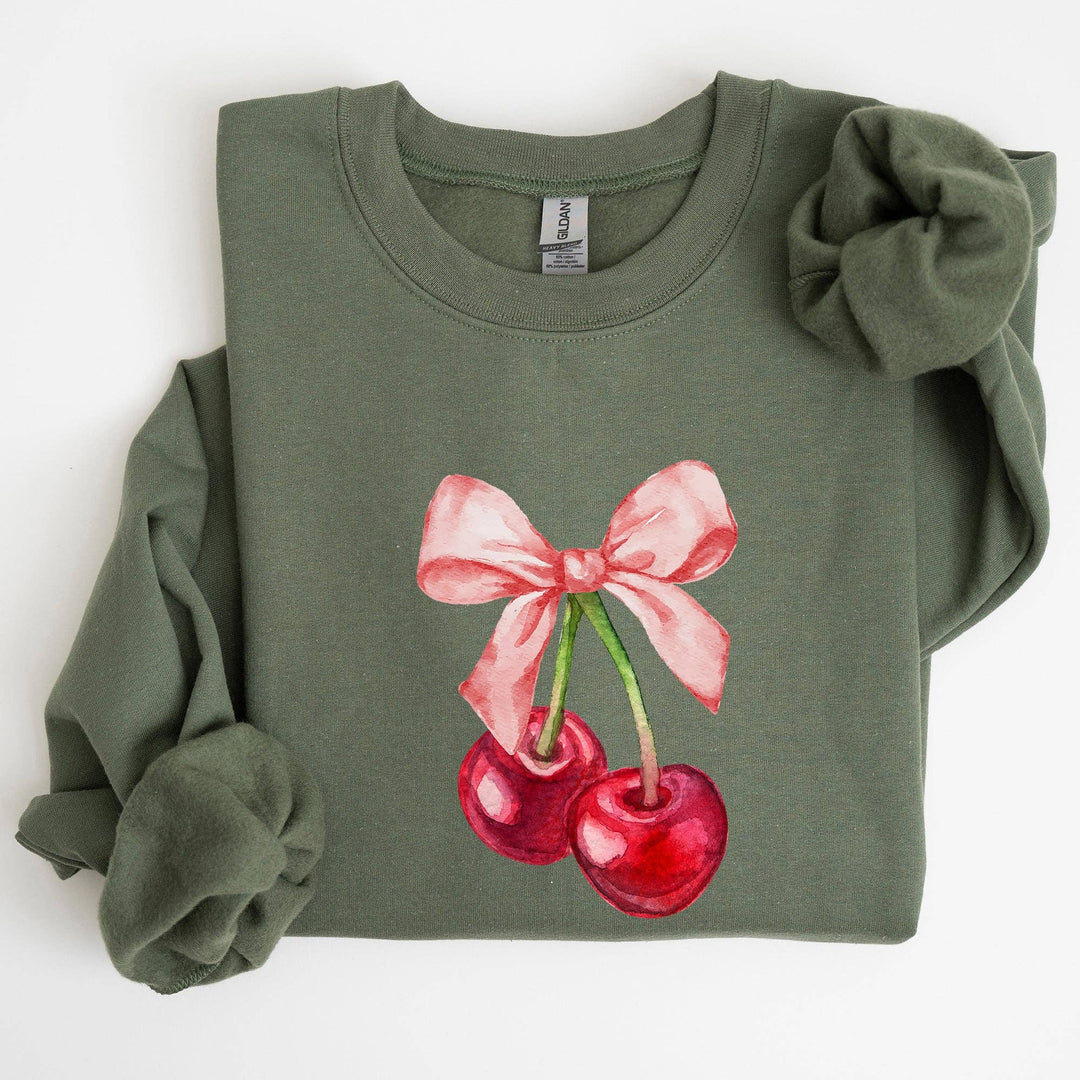 Cherries, Pink Bows, Coquette Girly Soft Girl Era Sweatshirt: Light Blue / Small