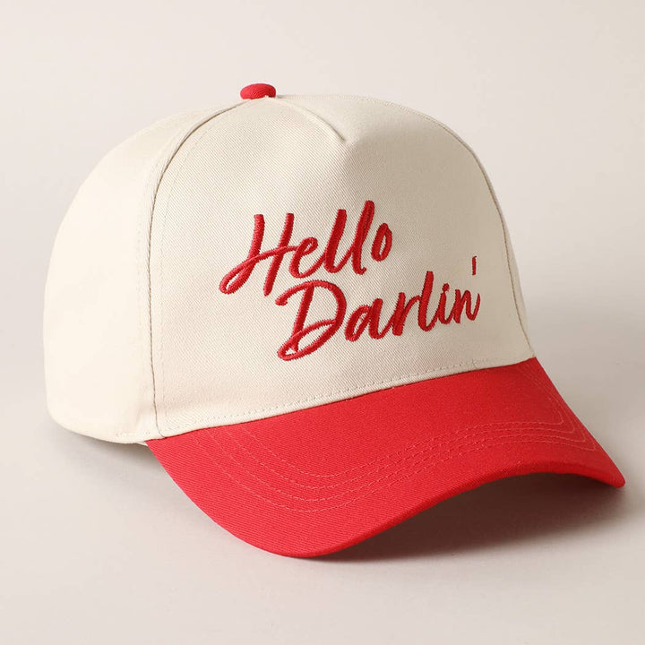 Hello Darlin' Text Embroidery Two-Tone Canvas Cap: Red / ONE SIZE