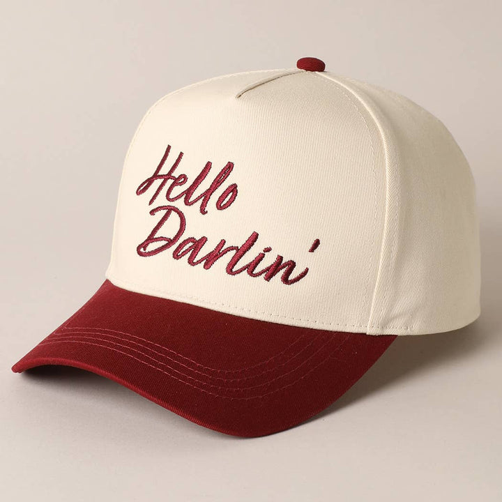 Hello Darlin' Text Embroidery Two-Tone Canvas Cap: Red / ONE SIZE