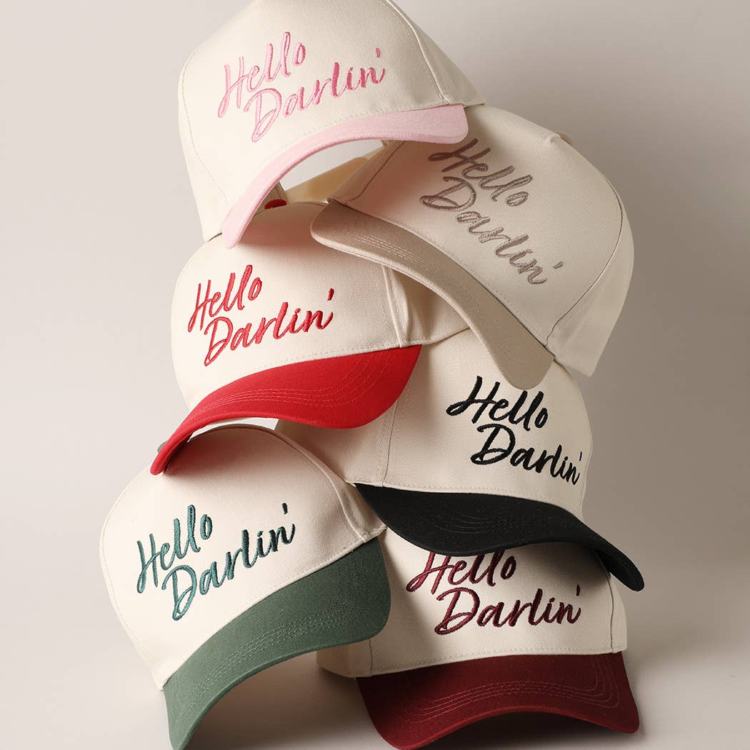 Hello Darlin' Text Embroidery Two-Tone Canvas Cap: Red / ONE SIZE