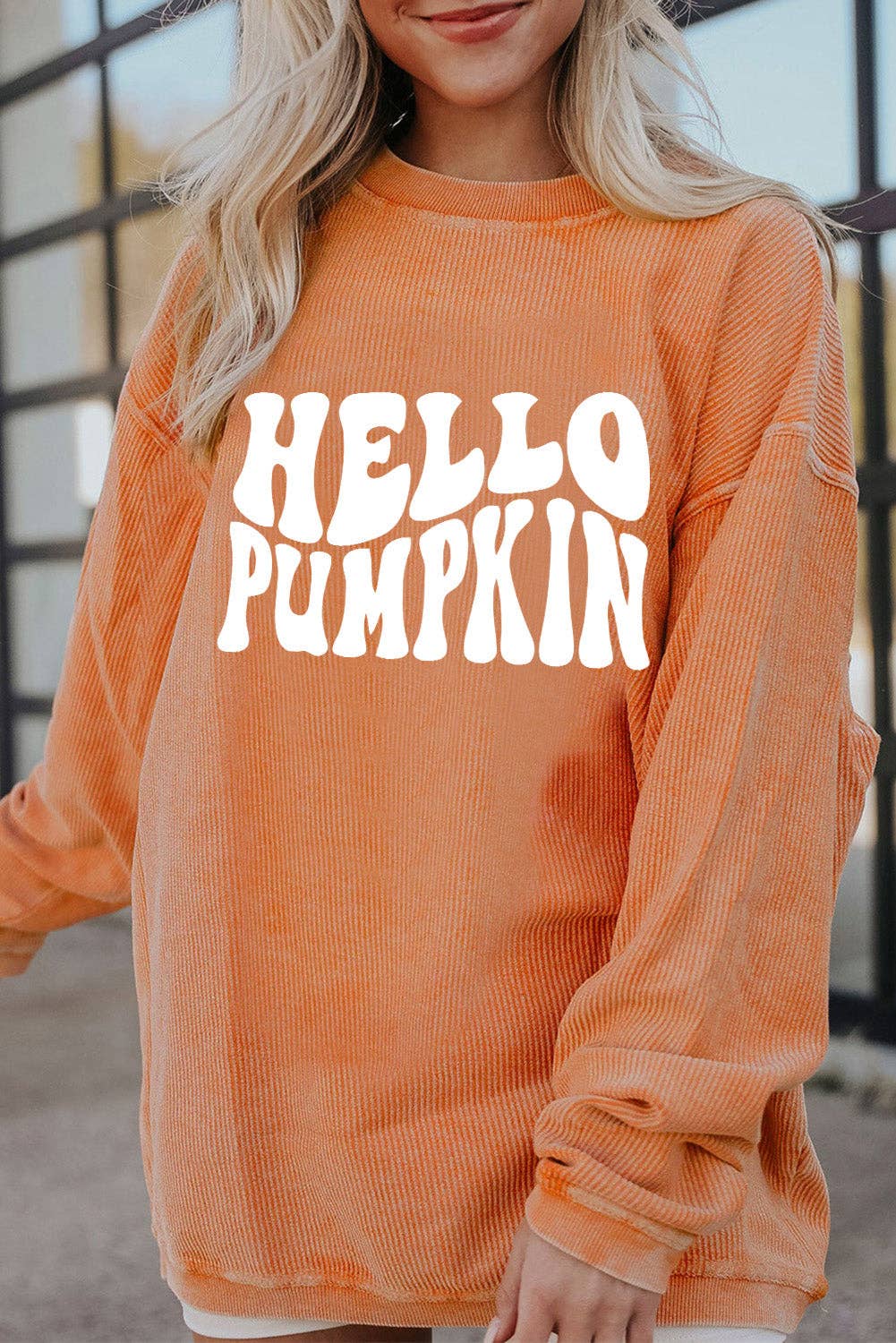 Orange HELLO PUMPKIN Letter Graphic Corded Sweatshirt: Orange-3 / 100%Polyester / S