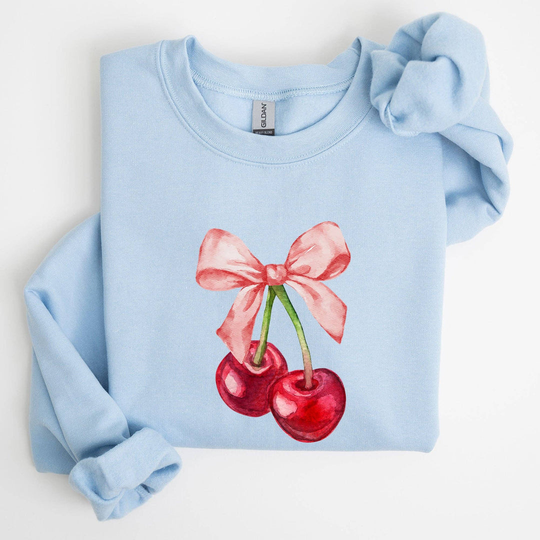 Cherries, Pink Bows, Coquette Girly Soft Girl Era Sweatshirt: Light Blue / Small