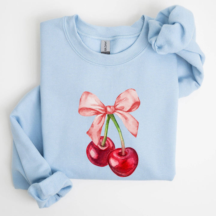 Cherries, Pink Bows, Coquette Girly Soft Girl Era Sweatshirt: Light Blue / Large