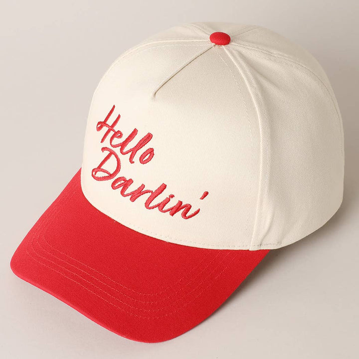 Hello Darlin' Text Embroidery Two-Tone Canvas Cap: Red / ONE SIZE