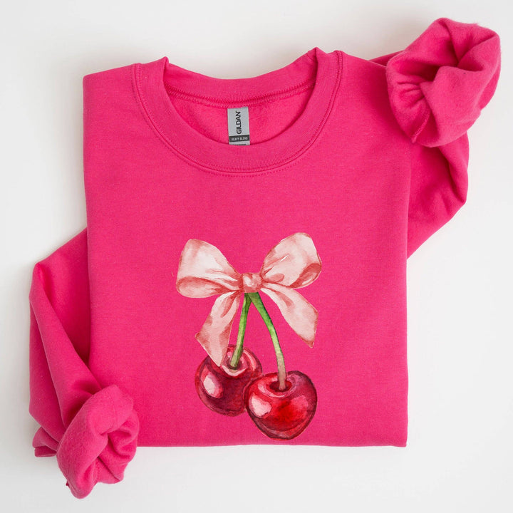 Cherries, Pink Bows, Coquette Girly Soft Girl Era Sweatshirt: Light Blue / Small