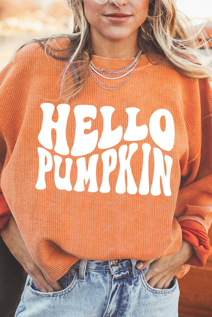 Orange HELLO PUMPKIN Letter Graphic Corded Sweatshirt: Orange-3 / 100%Polyester / XL