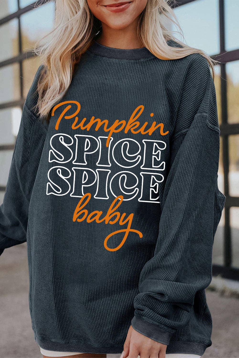 Dark Grey Halloween Pumpkin Spice Baby Graphic Textured Sweatshirt: Dark Grey / 100%Polyester / 2XL