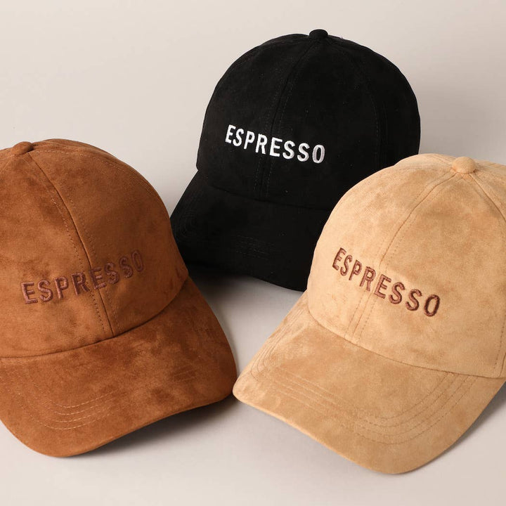 Espresso Text Embroidery Suede Baseball Cap: COGNAC / ONE SIZE