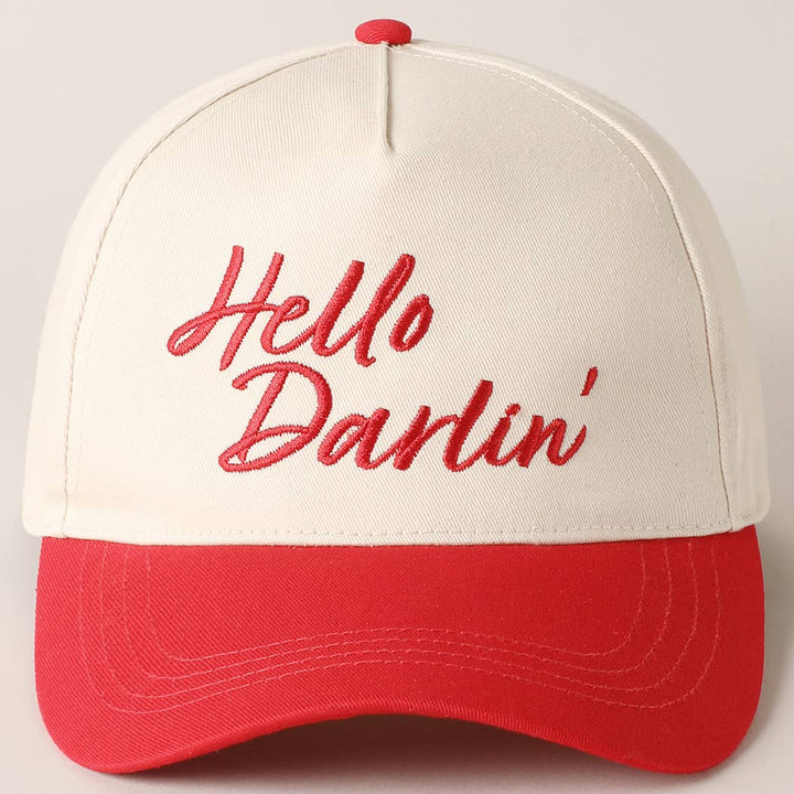 Hello Darlin' Text Embroidery Two-Tone Canvas Cap: Red / ONE SIZE