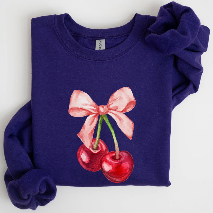 Cherries, Pink Bows, Coquette Girly Soft Girl Era Sweatshirt: Light Blue / Small