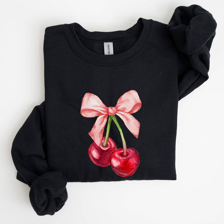 Cherries, Pink Bows, Coquette Girly Soft Girl Era Sweatshirt: Light Blue / Small