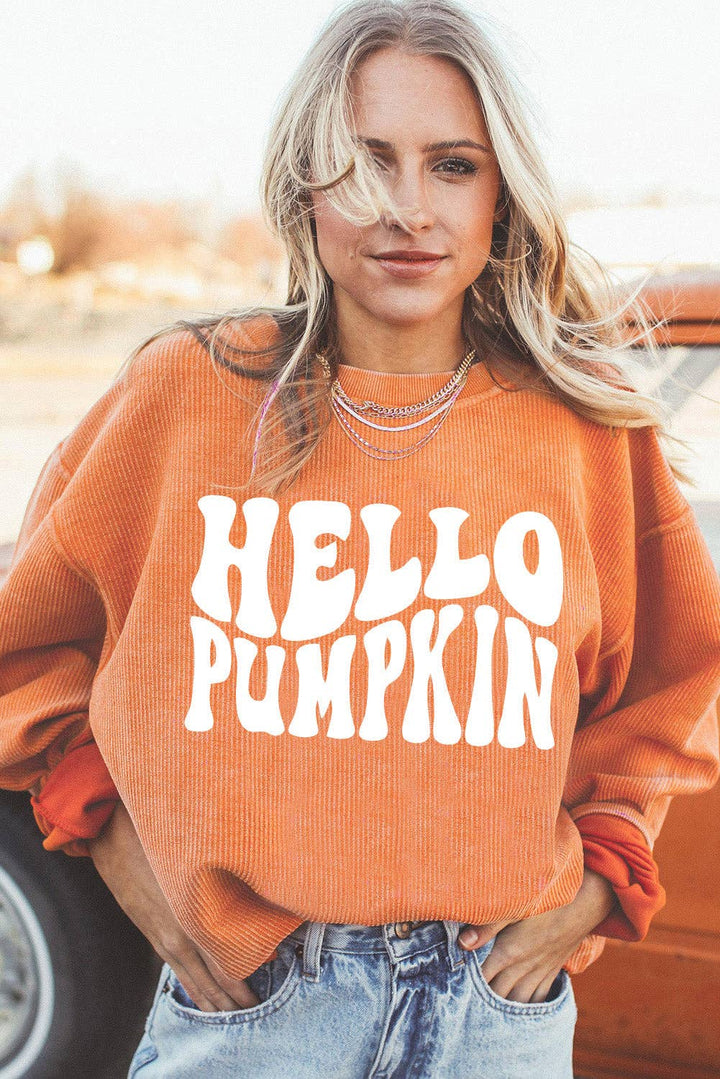 Orange HELLO PUMPKIN Letter Graphic Corded Sweatshirt: Orange-3 / 100%Polyester / XL