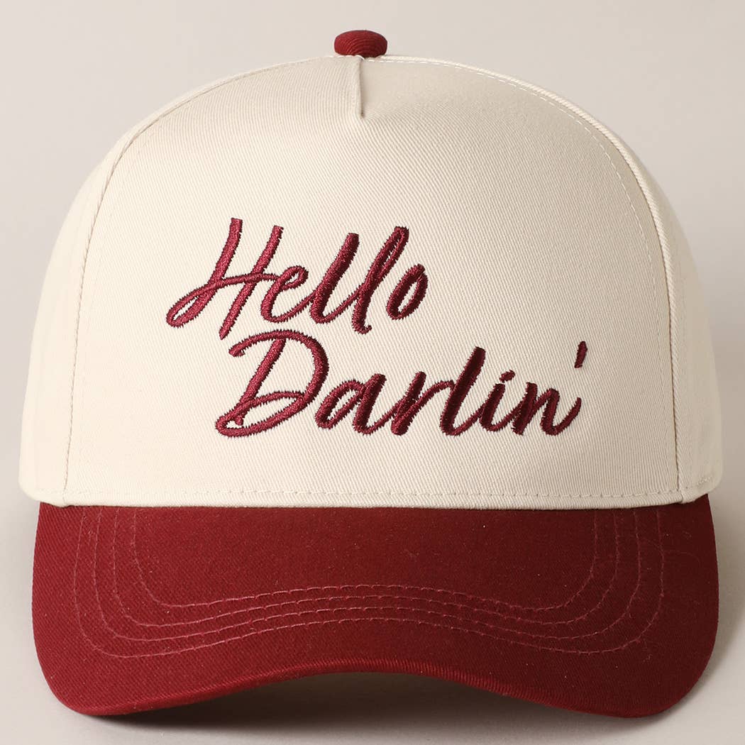 Hello Darlin' Text Embroidery Two-Tone Canvas Cap: Red / ONE SIZE