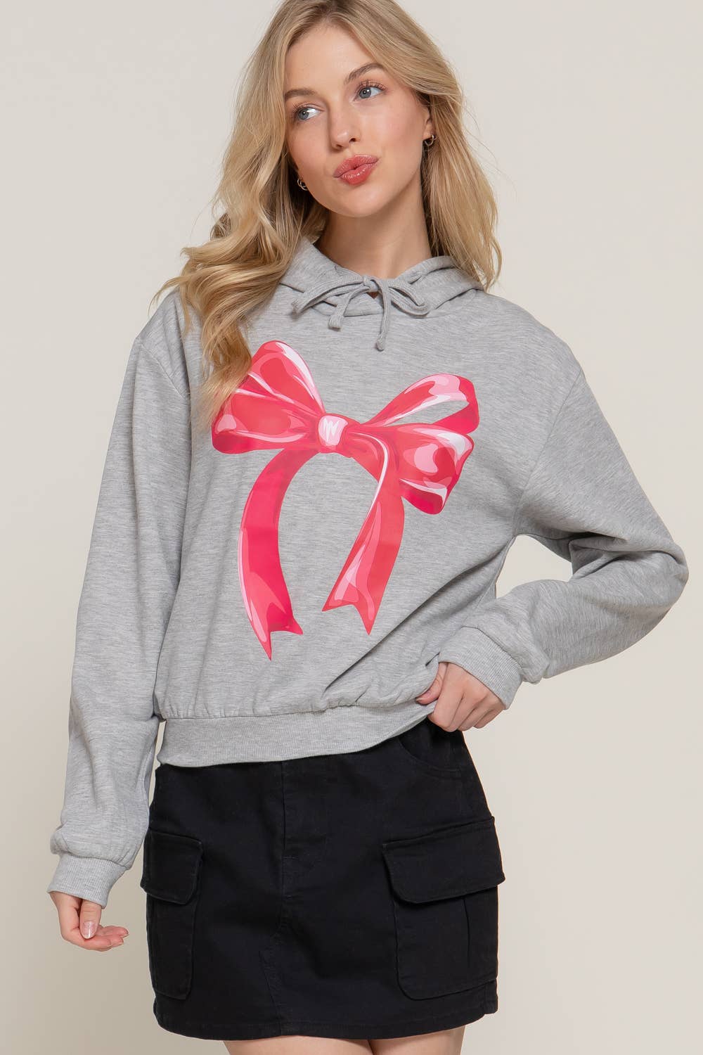 .._ SI-27001 Hoodie Bow Print Fleece French Terry Top: BLK-black-173804 / M