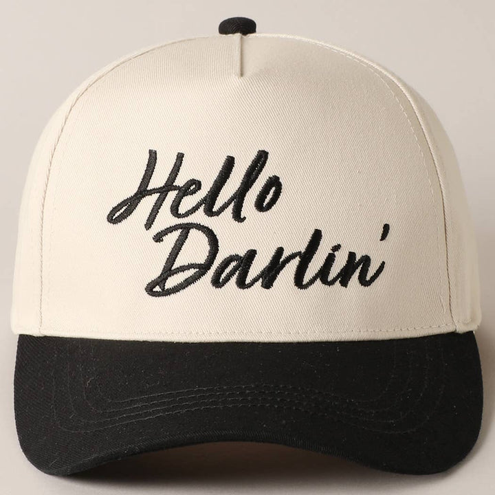 Hello Darlin' Text Embroidery Two-Tone Canvas Cap: Red / ONE SIZE