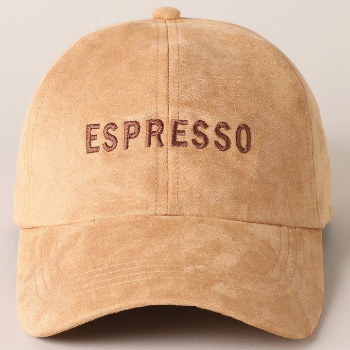 Espresso Text Embroidery Suede Baseball Cap: COGNAC / ONE SIZE