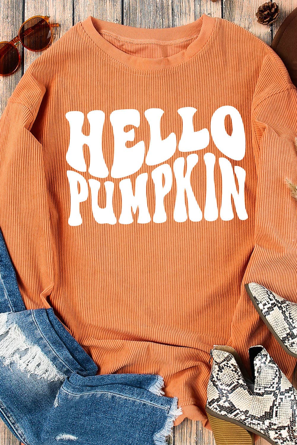 Orange HELLO PUMPKIN Letter Graphic Corded Sweatshirt: Orange-3 / 100%Polyester / XL