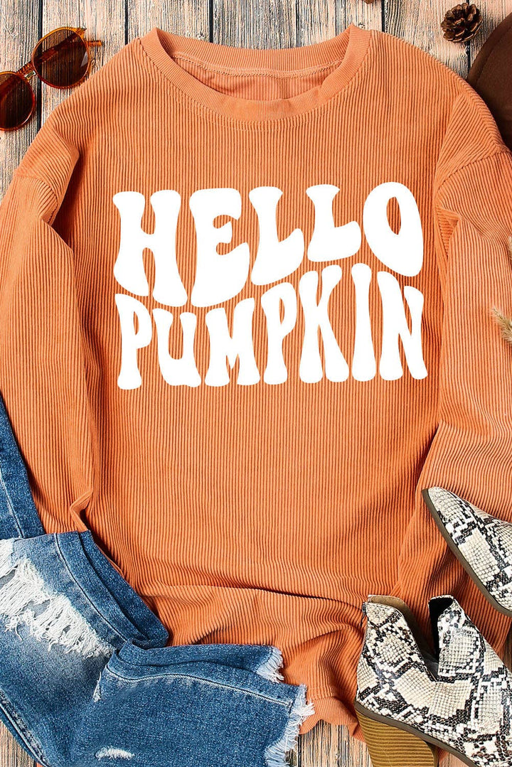 Orange HELLO PUMPKIN Letter Graphic Corded Sweatshirt: Orange-3 / 100%Polyester / M