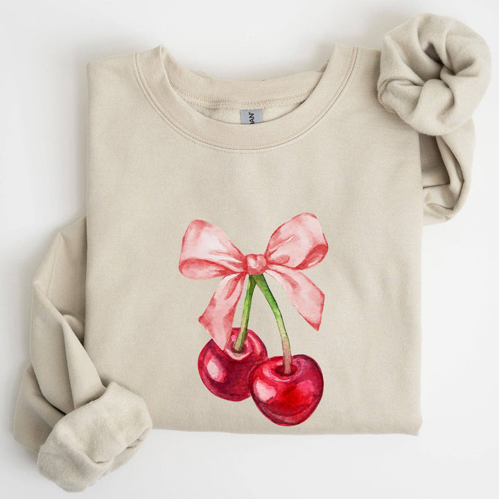 Cherries, Pink Bows, Coquette Girly Soft Girl Era Sweatshirt: Light Blue / Small