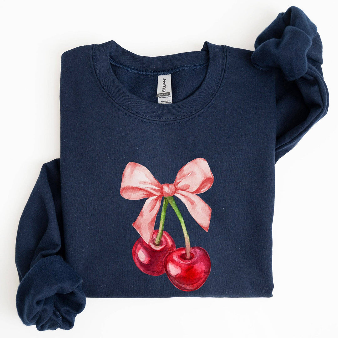 Cherries, Pink Bows, Coquette Girly Soft Girl Era Sweatshirt: Light Blue / Small