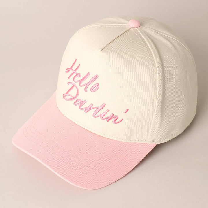 Hello Darlin' Text Embroidery Two-Tone Canvas Cap: Red / ONE SIZE