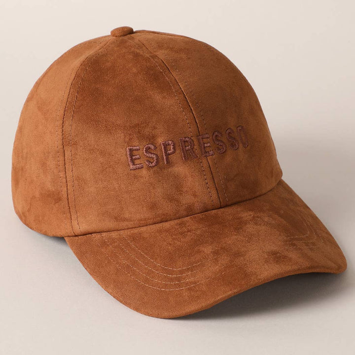 Espresso Text Embroidery Suede Baseball Cap: COGNAC / ONE SIZE