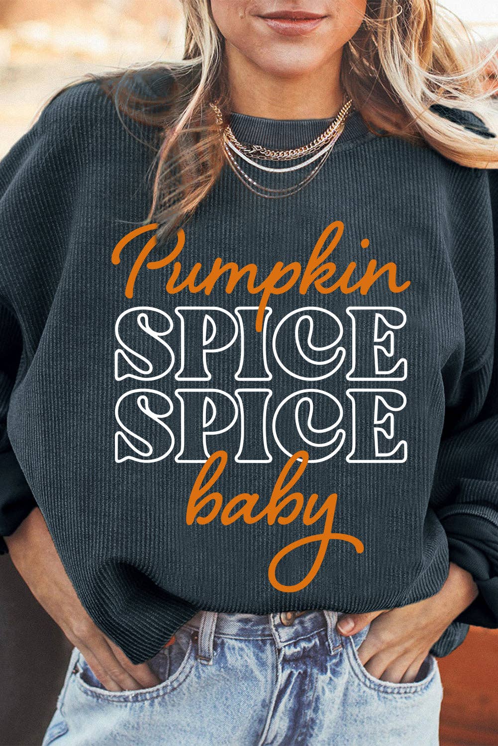 Dark Grey Halloween Pumpkin Spice Baby Graphic Textured Sweatshirt: Dark Grey / 100%Polyester / 2XL