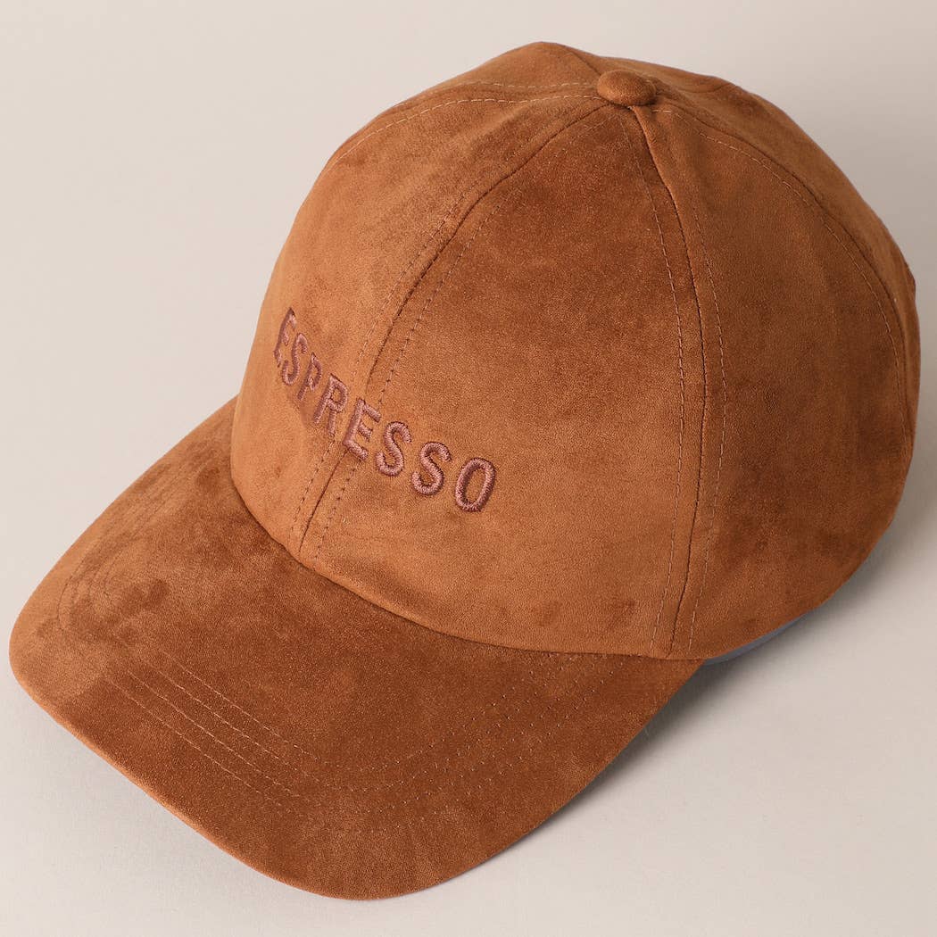 Espresso Text Embroidery Suede Baseball Cap: COGNAC / ONE SIZE