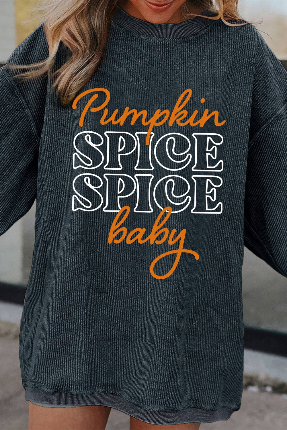 Dark Grey Halloween Pumpkin Spice Baby Graphic Textured Sweatshirt: Dark Grey / 100%Polyester / 2XL