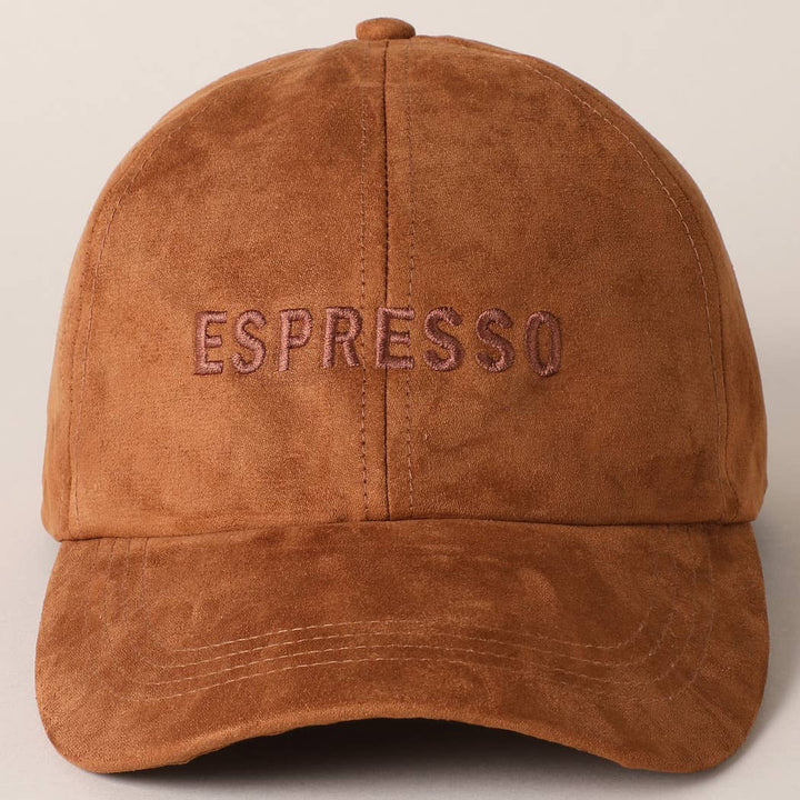 Espresso Text Embroidery Suede Baseball Cap: COGNAC / ONE SIZE