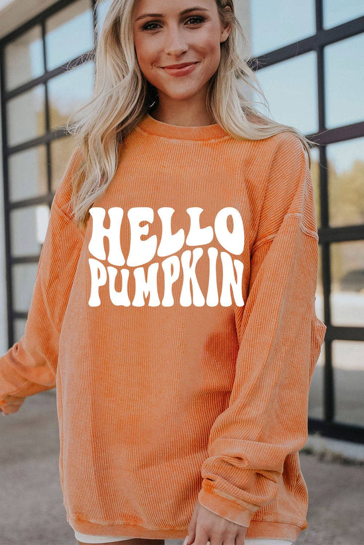 Orange HELLO PUMPKIN Letter Graphic Corded Sweatshirt: Orange-3 / 100%Polyester / XL