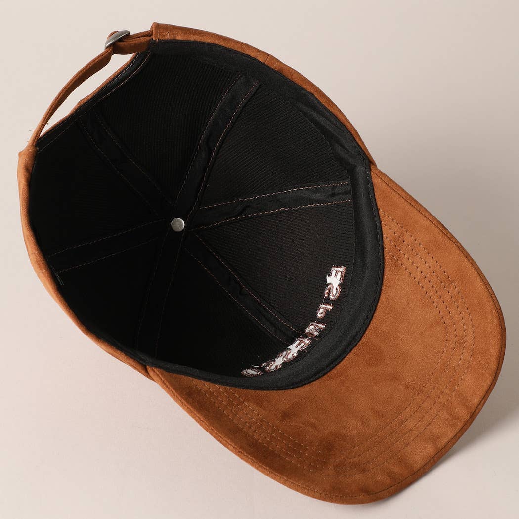 Espresso Text Embroidery Suede Baseball Cap: COGNAC / ONE SIZE