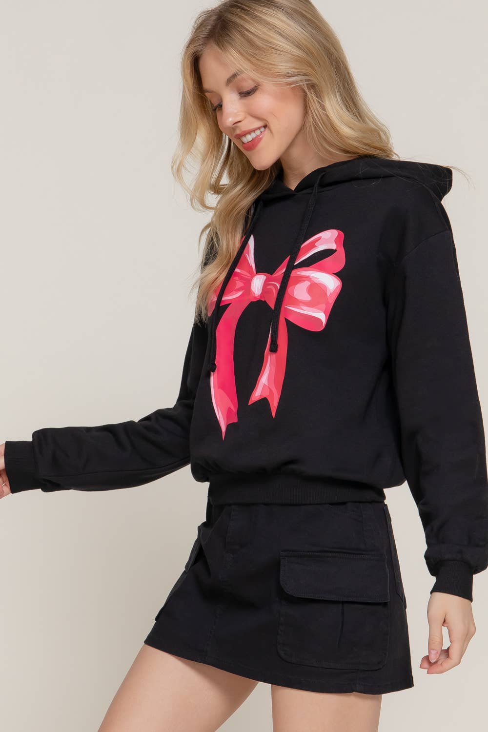 .._ SI-27001 Hoodie Bow Print Fleece French Terry Top: BLK-black-173804 / M